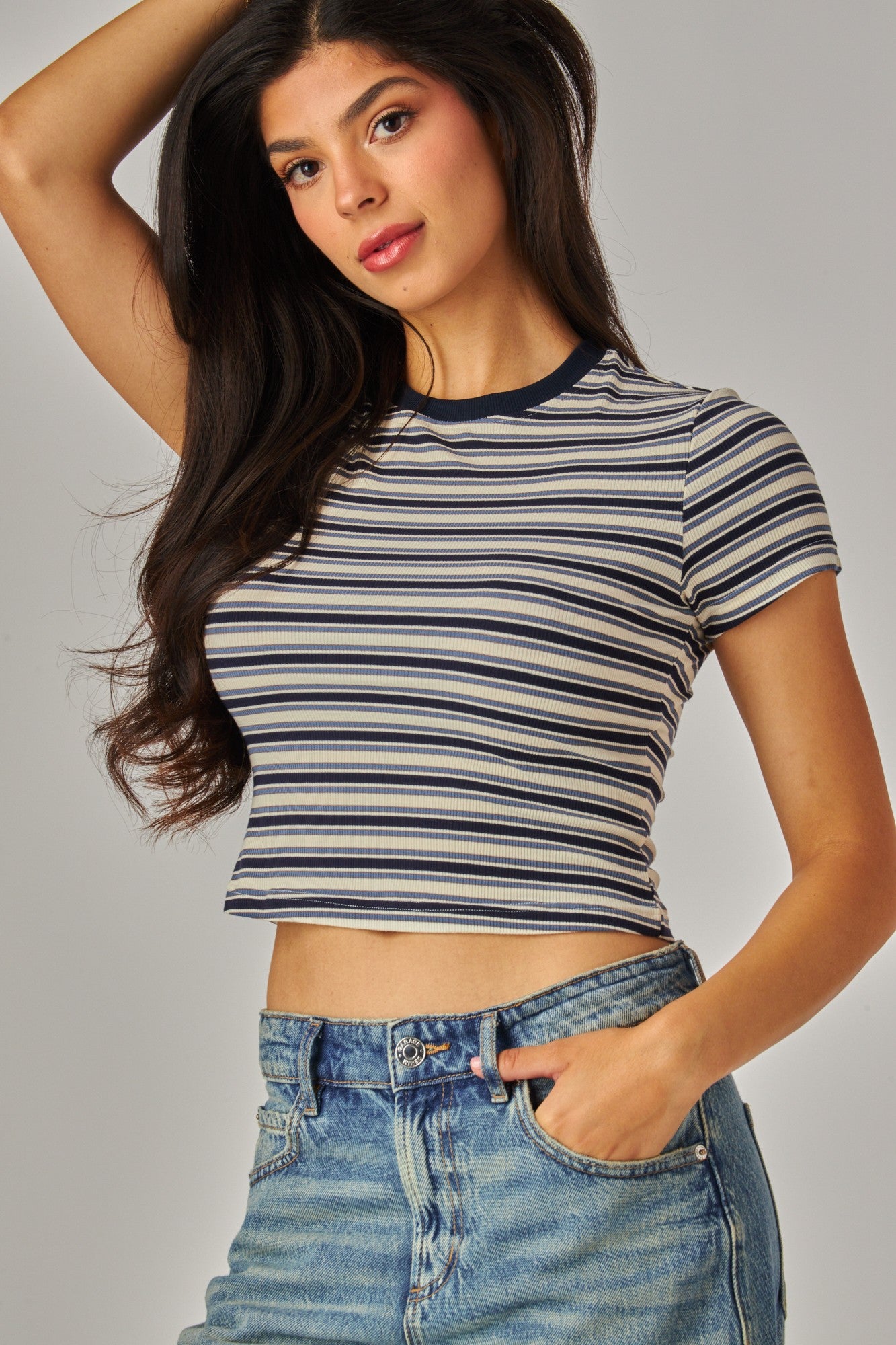 Love Poem - Navy Striped crop tee