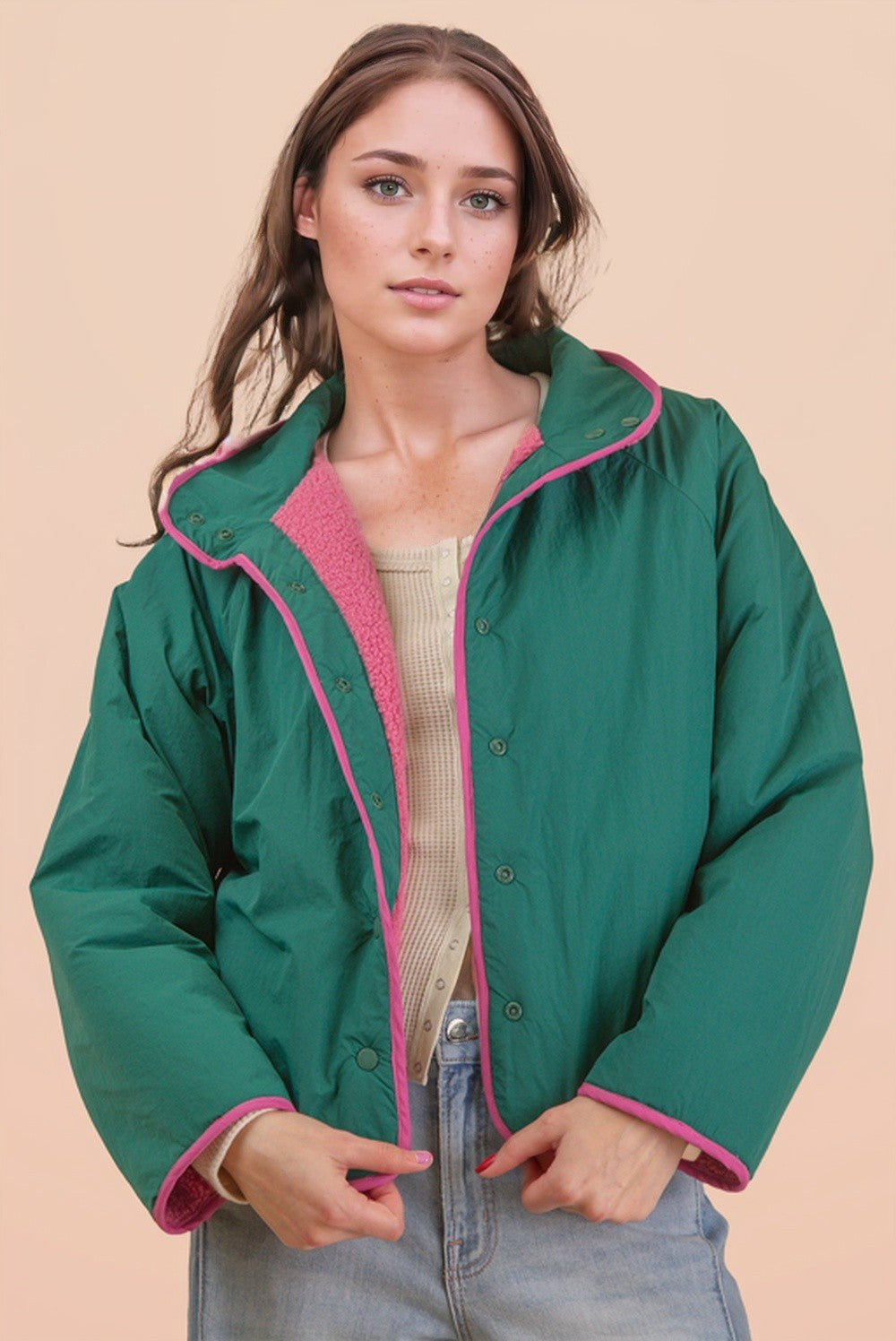 New in - reversible sherpa  rose/vert
