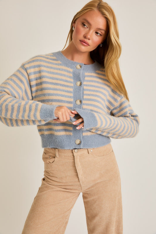 Lelis - blue,cream cropped cardigan