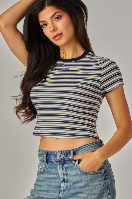 Love Poem - Navy Striped crop tee