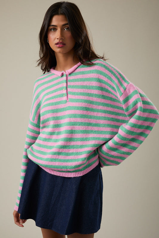 Lelis - half button sweater rayé (2 couleurs dispo.)