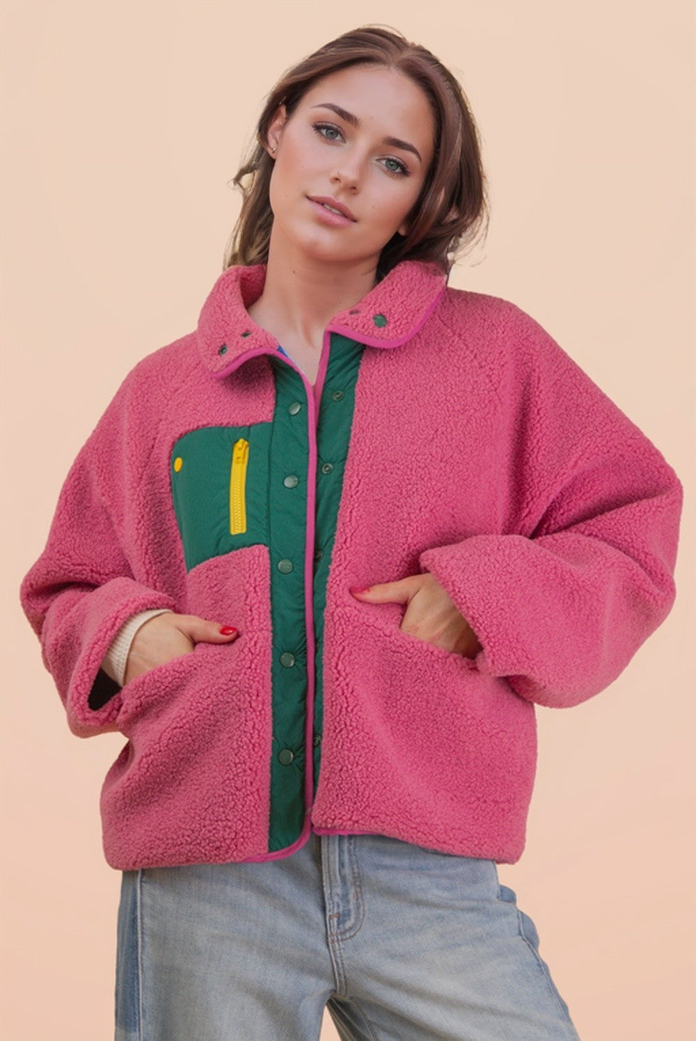 New in - reversible sherpa  rose/vert