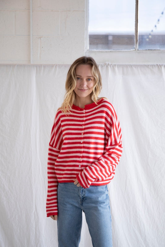 Things between - pink and red striped cardigan