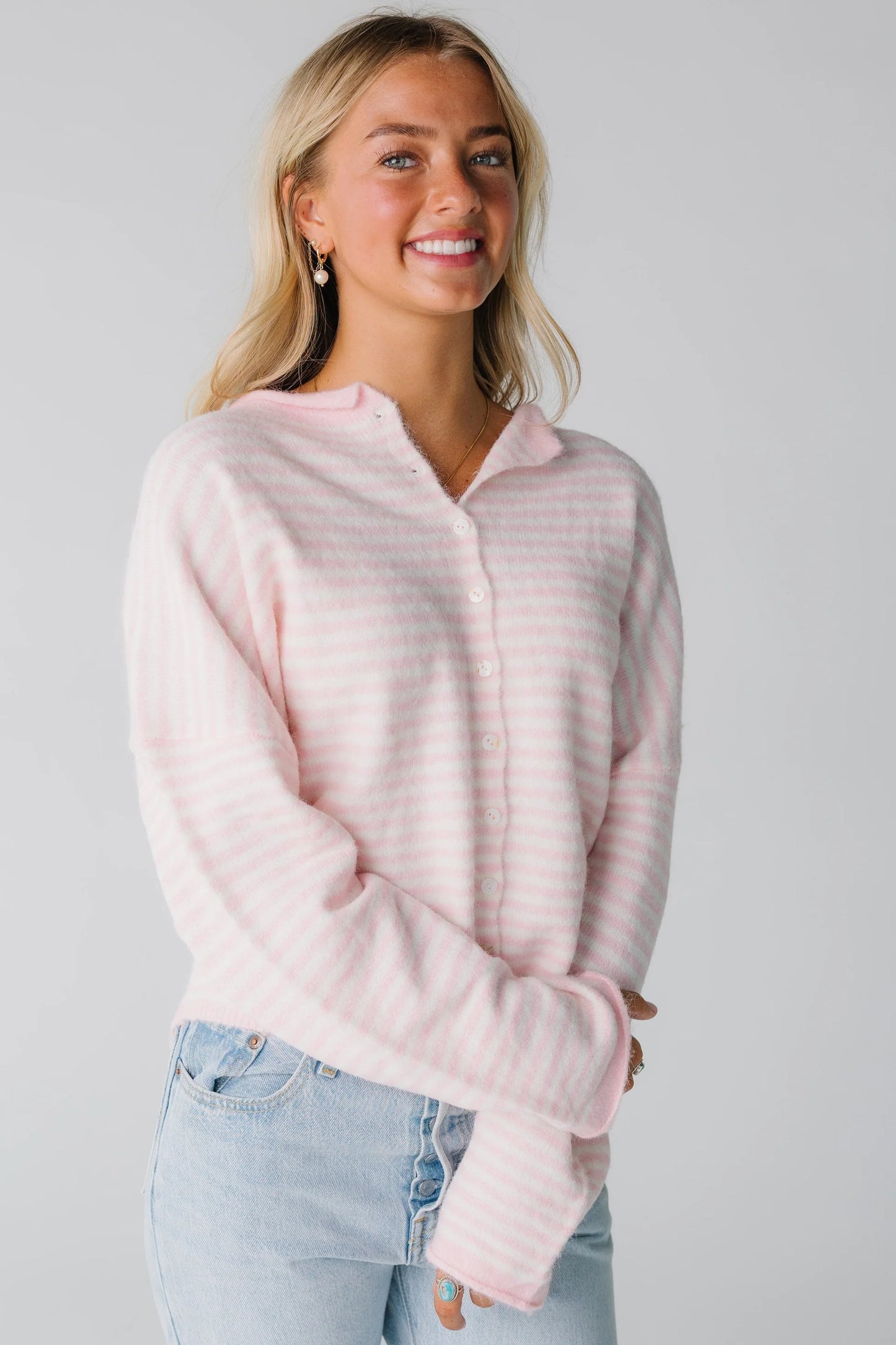 Things Between - baby pink and white striped cardigan